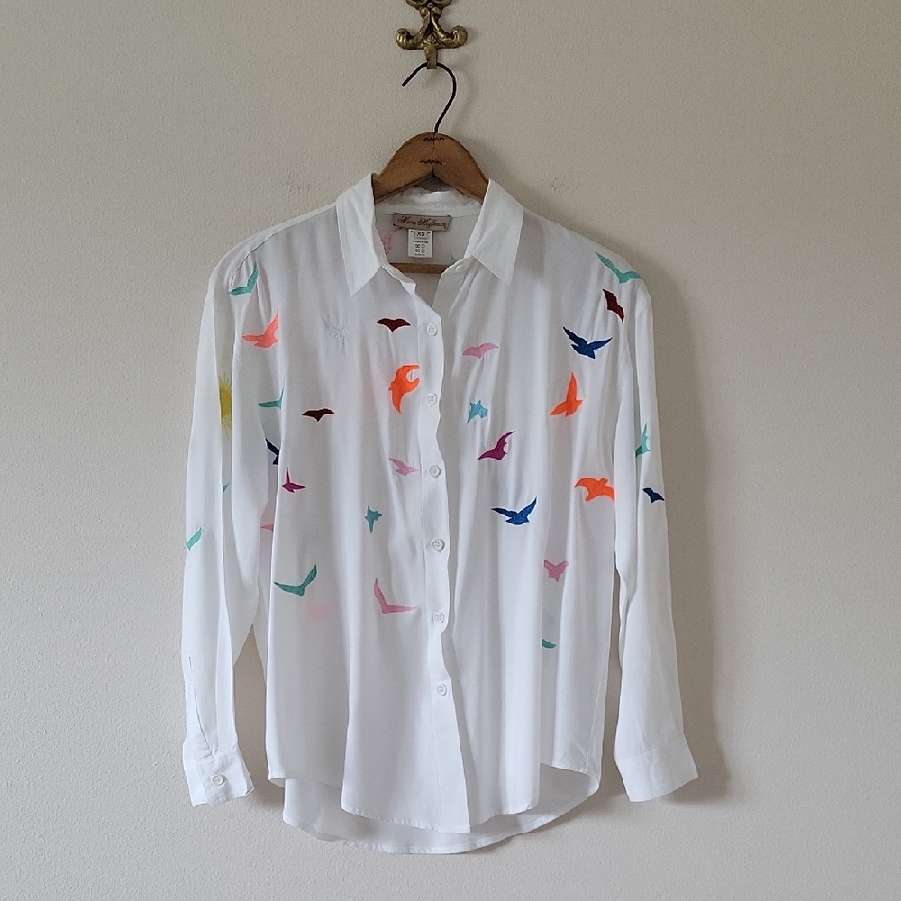 Mara Hoffman White‎ Rayon Embroidered Bird Button Down Shirt Size XS